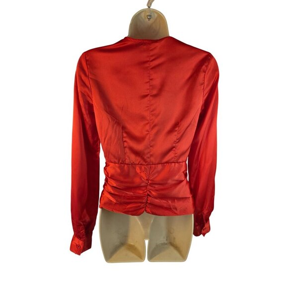 Nasty Gal Red Satin Ruched Wrap Style Blouse Size 2 Long Cuff Slv Plunging VNeck - Picture 2 of 9